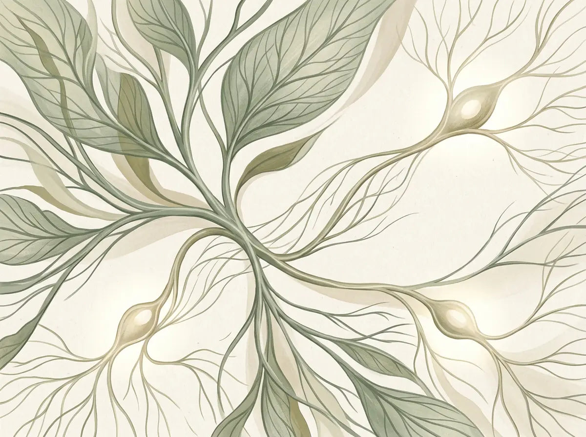 Botanical illustration of brain, mitochondrial, and nervous system recovery pathways during long-term Lyme Disease healing