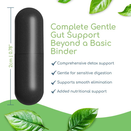 Binder Blend activated charcoal capsule showing 2cm size with detox support, gentle digestion, and smooth elimination benefits